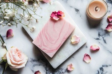 A natural soap bar with swirls of pink clay and rose petals, elegantly displayed on a marble slab