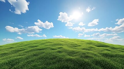 Obraz premium Sunny green hill, blue sky, fluffy clouds, idyllic landscape, nature background