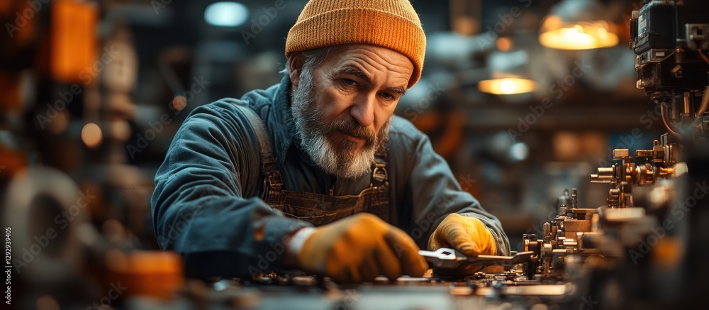 Poster senior machinist working on a machine in a workshop.