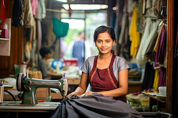 Small entrepreneur seamstress working diligently in her cozy workshop on a vibrant afternoon, showcasing her craftsmanship and dedication to the art of sewing for her community