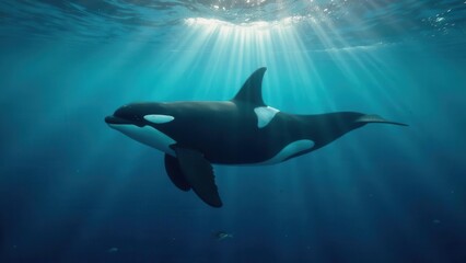 Fototapeta premium Majestic Orca in Ocean Depths, Illuminated by Sunbeams Piercing the Azure Water, a Serene Underwater Scene