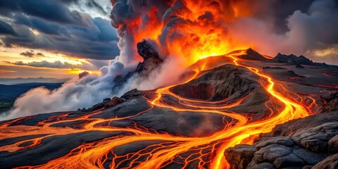 Fiery mist rising from a volcanic eruption, swirling in vibrant hues of orange and red