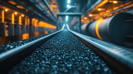 Conveyor belt transporting coal in industrial plant