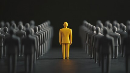 Distinctive Yellow Figure Standing Out Among Gray Crowd Symbolizing Individuality and Leadership in a Group Setting