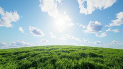 Obraz premium Sunny meadow, blue sky, fluffy clouds, green grass, idyllic landscape, perfect for travel brochures