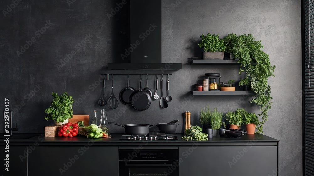 Wall mural Modern dark kitchen, cooking prep, plants, wall shelves, interior design