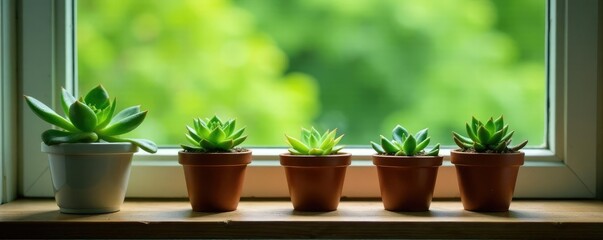 Miniature pots of green succulents on a windowsill, green, pot, garden