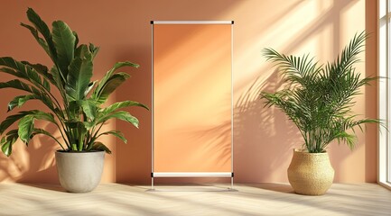 Coral interior with plants and retractable banner