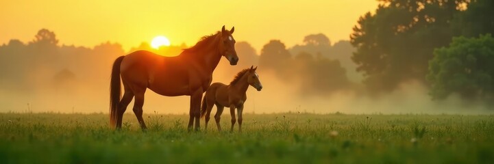 Obraz premium Misty dawn on a green pasture with a majestic red mare and her foal, nature, green, mist