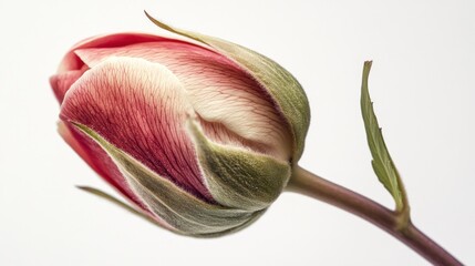 Closed coral tulip bud, studio shot, white background, floral design