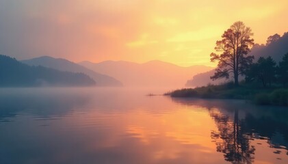 Obraz premium Misty dawn on the lake with gentle waves and trees in the foreground, soft, wave