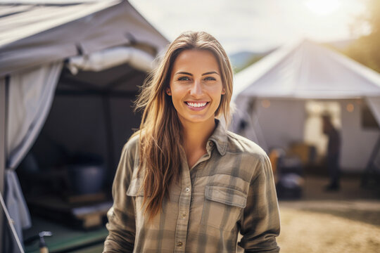 Confident woman small business owner stands proudly in outdoor market setting surrounded by tents while smiling and interacting with customers on a sunny day