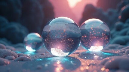 Translucent spheres filled with shimmering liquid levitate in a vast void, their surfaces reflecting soft pulses of multicolored light, suspended in timeless weightlessness.