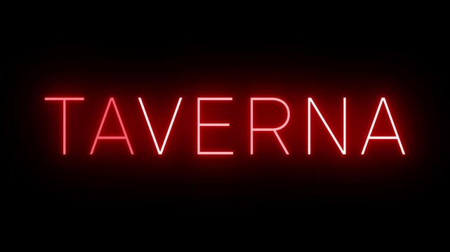 Flickering red retro style neon sign glowing against a black background for TAVERN