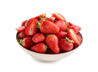Bowl with fresh strawberries on white background