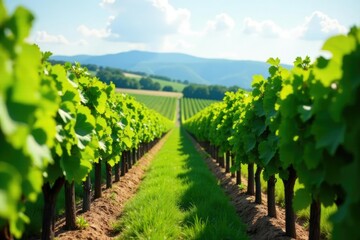 Rows of lush green grapevines stretching into the horizon, plants, vineyard landscape, grapes
