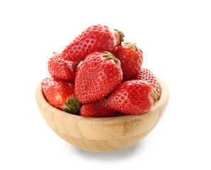 Bowl with fresh strawberries on white background