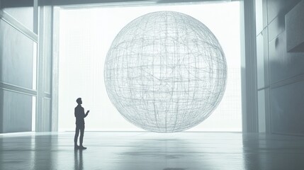 Man viewing large sphere, modern gallery,  bright space, network concept, business