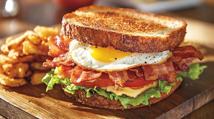 Delicious Crispy Bacon Egg Sandwich with Toasted Bread and Potato Fries
