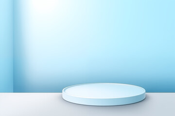 A minimalistic light blue display podium set against a soft blue background.