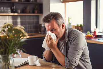 Dealing with a runny nose while sitting at home in a cozy living room in the late afternoon