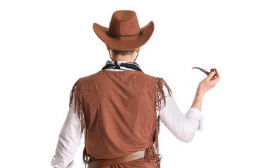 Handsome cowboy with smoking pipe on white background, back view