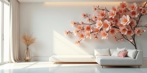 Serene Living Room Interior Design with a Wall Decor Featuring a Large Branch of Delicate Peach Blossoms, a Plush Sectional Sofa, and a Simple Vase of Dried Flowers