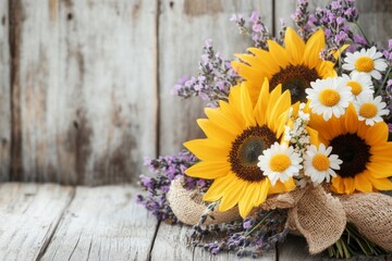 Fototapeta premium A rustic-style bouquet featuring sunflowers, daisies, and lavender, tied with a burlap ribbon against a wooden backdrop