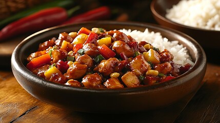 Delicious Kung Pao Chicken with Steamed Rice a Savory and Spicy Chinese Dish
