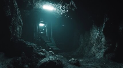 Obraz premium Dark cave entrance, illuminated ramp, rocky walls, mystery, film backdrop