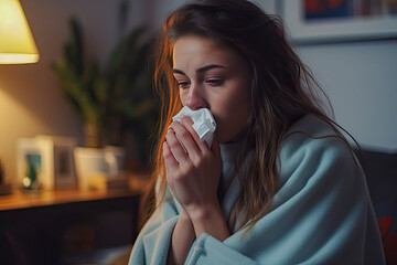 Woman at home managing discomfort from runny nose and cold symptoms while using tissue for relief