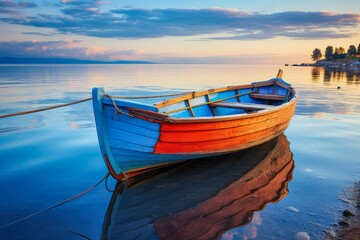 Obraz premium Boat floating on calm water with misty mountains and autumn trees during sunrise