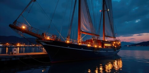 Naklejka premium Sailboat docked at a harbor with lanterns on its hull, nautical, nighttime