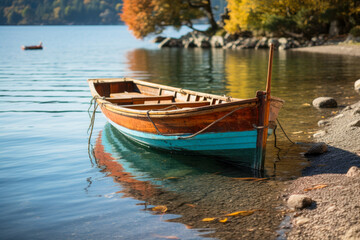 Obraz premium Boat floating on calm water with misty mountains and autumn trees during sunrise