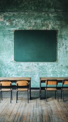 Empty Classroom with Old Wooden Desks and Chairs in Front of a Green Chalkboard on a Weathered Wall