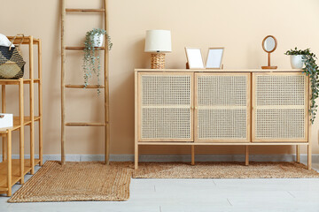 Stylish interior of living room with shelving unit, ladder, drawers and wicker rugs