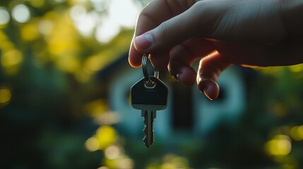 Hand Holding House Keys Outdoors in the Sunlight with Blurred Background