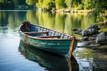 Obraz premium Boat floating on calm water with misty mountains and autumn trees during sunrise