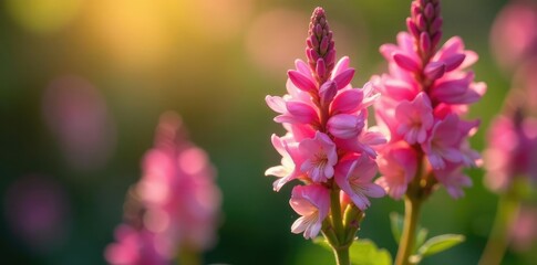 Fototapeta premium soft pink petals on spikes of veronica in sunlight, flower stem, blossom, bloom