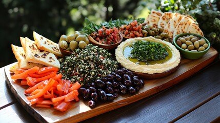 Mediterranean Mezze Platter with Hummus Tabbouleh and Roasted Vegetables
