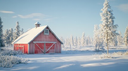 Snowy red barn winter landscape; serene forest background, holiday card