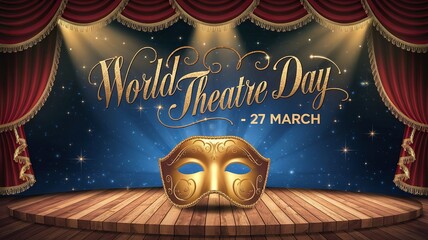 Luxurious golden mask resting on a grand theatrical stage setting.