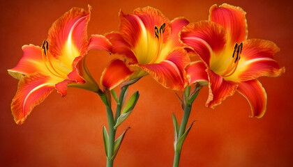 Vibrant trio of orange daylilies against a rich burnt orange background; perfect for summer, nature, or floral designs.