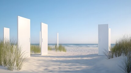 A clean and minimalist open air beach restroom with sleek white partitions set against the serene backdrop of a sandy beach the azure ocean and a clear blue sky
