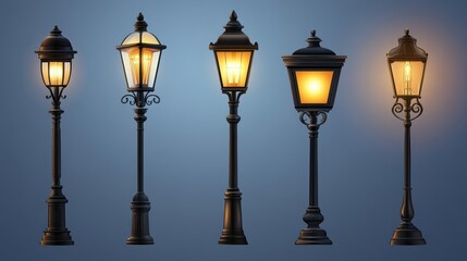 Collection of Vintage Street Lamps with Warm Glow on Blue Background for Urban Decor