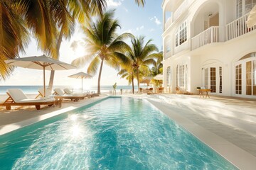 Fototapeta premium A serene poolside with lounge chairs, umbrellas, and the soft glimmer of sunlight reflecting off the water
