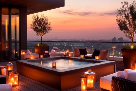 A serene rooftop spa with a jacuzzi overlooking a panoramic cityscape at sunset