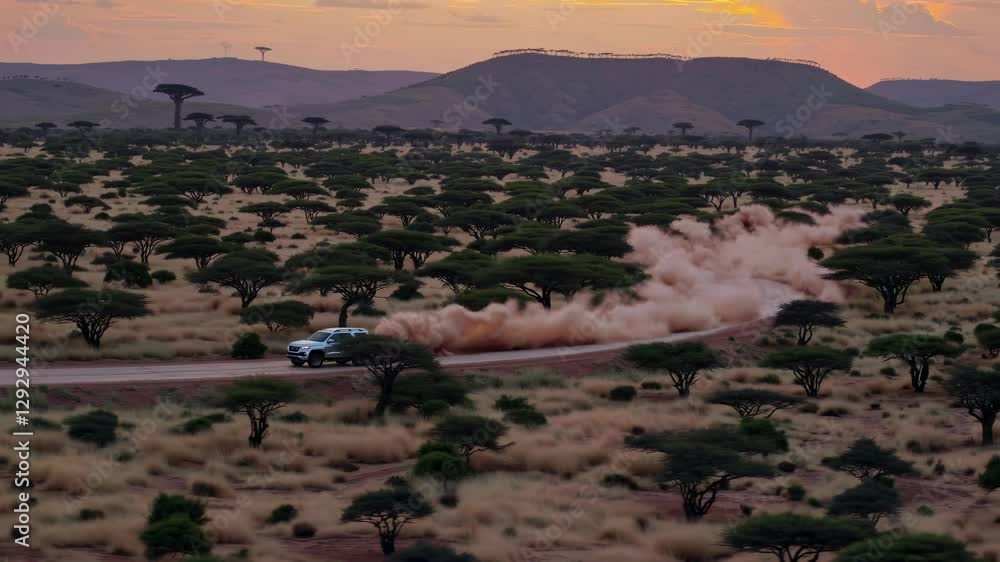 Poster aerial view of a car speeding on a dirt road through a savannah at sunset, creating a dynamic video 