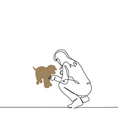 woman squatting with hands outstretched to dog - one line art vector. concept getting to know pet, animal adoption