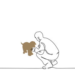 man squatting with hands outstretched to dog - one line art vector. concept getting to know pet, animal adoption